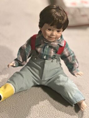 Danbury Mint David Porcelain Doll in Plaid Shirt with Red Suspenders